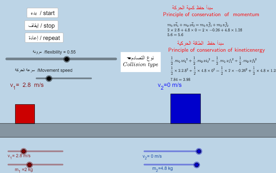 التصادم في بعد واحد: محاكاة GeoGebra لتصادم جسمين وحفظ كمية الحركة والطاقة