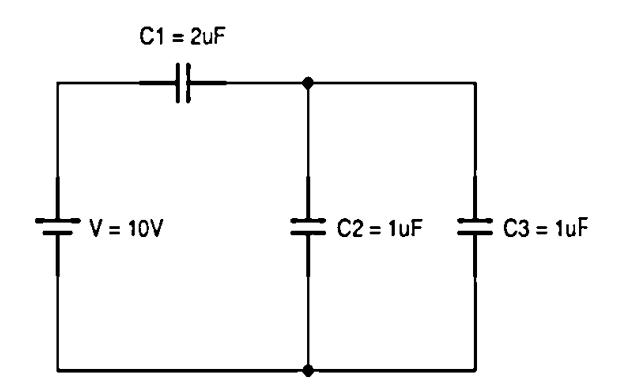 دائرة بطارية 10 V ومكثف C1 على التوالي مع مكثفين C2 وC3 على التوازي