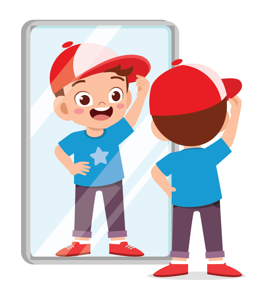 a child in front of a plane mirror