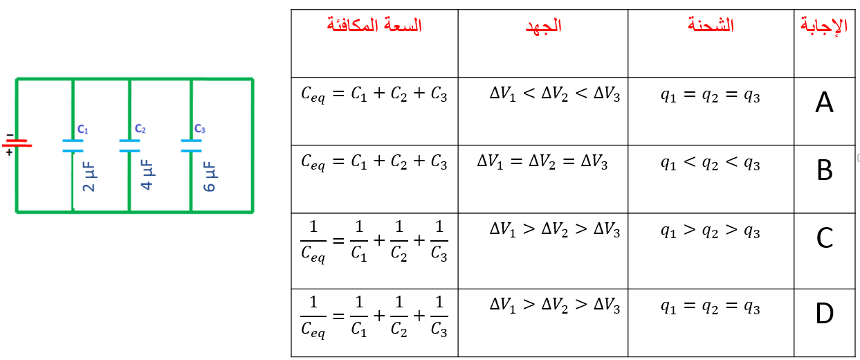 ثلاثة مكثفات 2 و4 و6 ميكروفاراد على التوازي مع بطارية وجدول بأربع إجابات