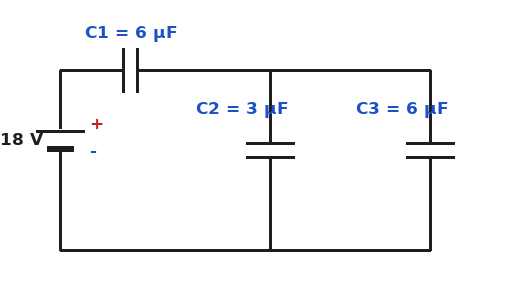 مكثف C1 على التوالي مع مكثفين C2 وC3 على التوازي مع بطارية 18 V