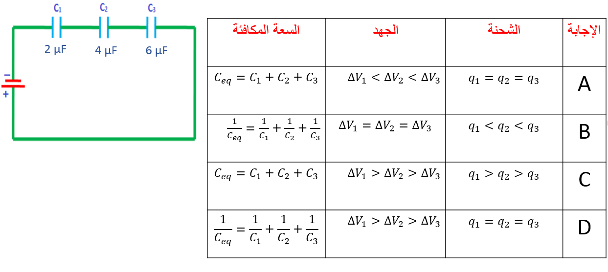ثلاثة مكثفات 2 و4 و6 ميكروفاراد على التوالي مع بطارية وجدول بأربع إجابات