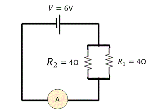 دائرة مقاومتان متوازيتان مع بطارية 6 V وأميتر