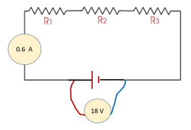 ثلاث مقاومات على التوالي وأميتر وفولتميتر